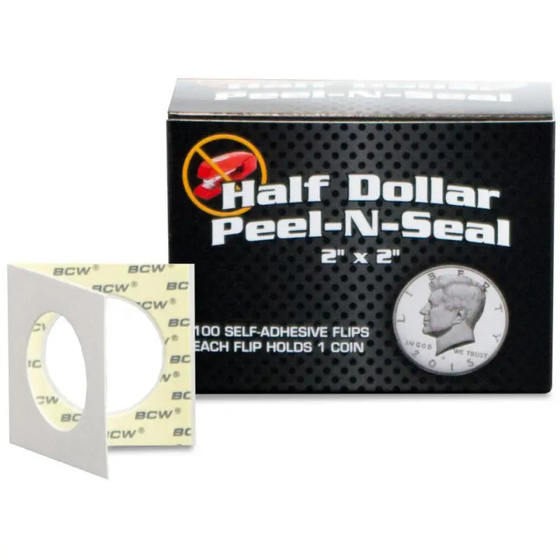 BCW - Peel n Seal Adhesive Half Dollar Paper Flips 100-Pieces 2-Inch x 2-Inch